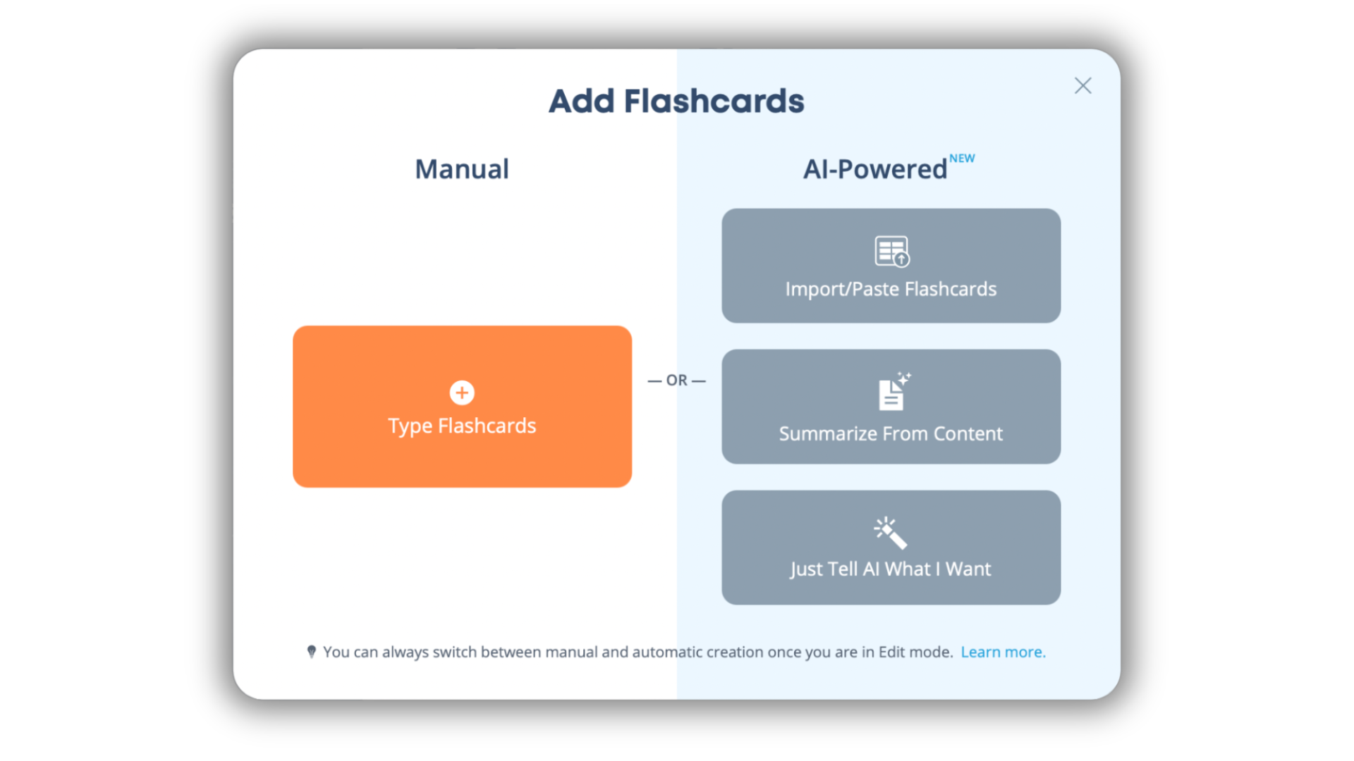 Instruction panel for creating flashcards in Brainscape using AI Instruction panel for creating flashcards in Brainscape using AI